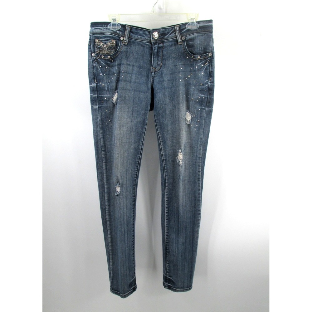Grace In LA Skinny Jeans Women 11/29 Blue Distressed Rhinestone Bead Denim